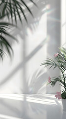 Abstract white studio background for product presentation. Empty room with shadows of window and flowers and palm leaves . 3d room with copy space. Summer concert. Blurred backdrop. Generative Ai.