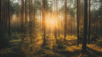 A forest with a sun shining through the trees