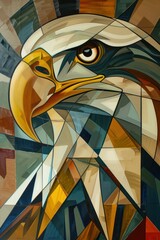 An abstract, warm-toned painting of an eagle is formed by geometric shapes and fluid lines, exuding a noble air