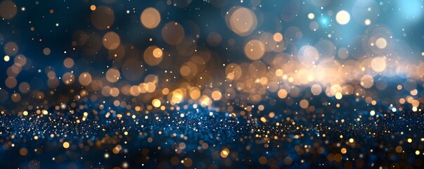 abstract background with Blue and gold particle. Christmas Golden light shine particles bokeh on navy blue background. Gold foil texture. Sparkle Texture.	