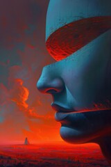 This abstract painting features a surreal, fiery landscape with rich red and orange tones