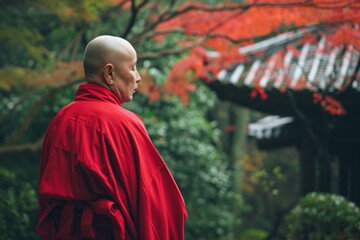Tranquil buddhist monk cloaked in a vibrant red robe meditates in a lush, autumnal garden