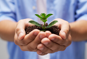 Holding plant, hands and soil with person for growth, development and sustainability in agriculture. Fertilizer, dirt and environment with sapling for hope, future and earth day or climate change