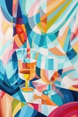 Abstract artwork of two glasses on a vibrant, patterned background using vivid colors