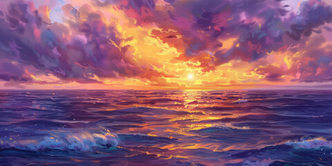Obraz premium A painting of a sunset over the ocean with a purple sky