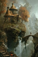 An elaborate fantasy house sits on a floating island with waterfalls and a stone bridge in an ethereal environment