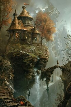 An elaborate fantasy house sits on a floating island with waterfalls and a stone bridge in an ethereal environment