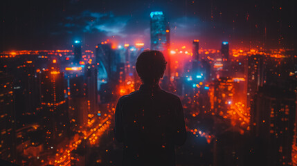 A person is standing in the middle of a city at night