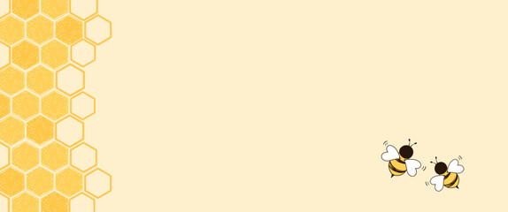 Beehive honey sign with hexagon grid cells and bee icon on yellow background vector.