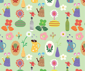 Folk Art Flowers Plants Vases Fabric Wallpaper Postcard