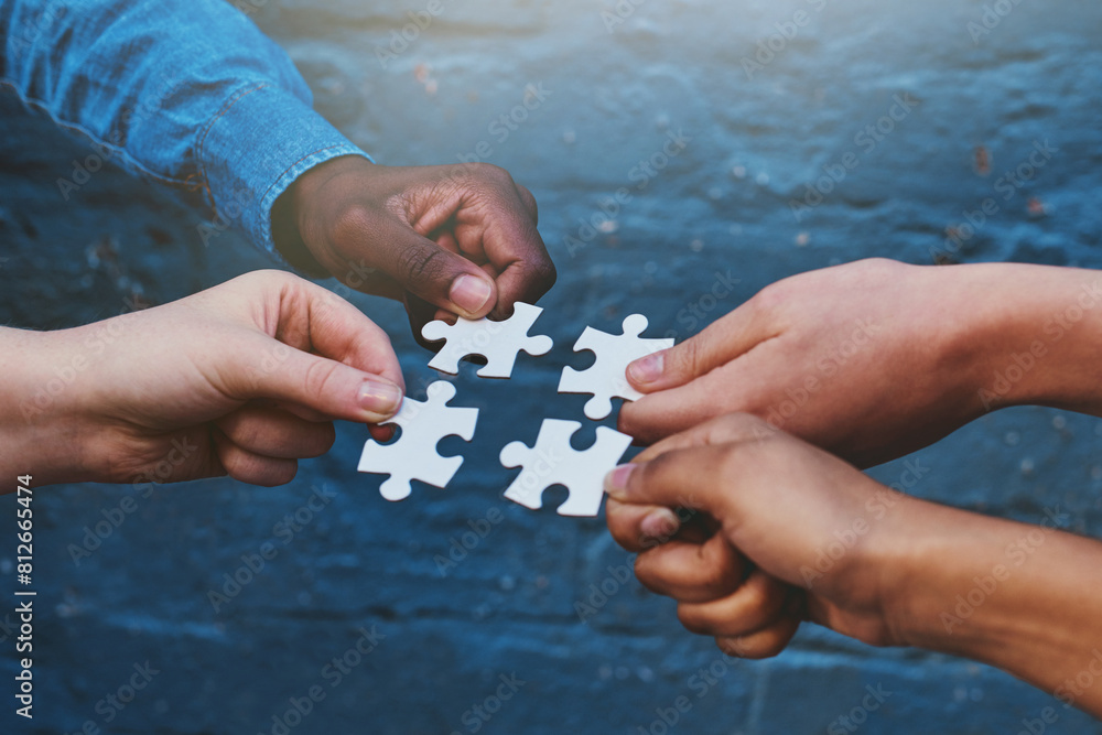 Poster Teamwork, business and hands of people with puzzle for unity or collaboration with joint effort for project. Group, diversity and pieces together for planning or partnership, union and engagement.