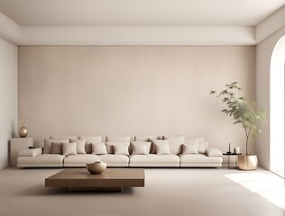 Light beige living room - modern interior hall and furniture design. Mockup for art - ivory taupe empty texture plaster microcement wall. Luxury premium nude accent lounge reception. 3d render	
