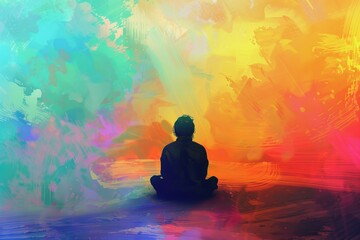Person sitting on the ground with a colorful backdrop, suitable for a variety of projects