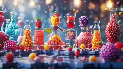 A colorful display of candy and fruit in a laboratory setting