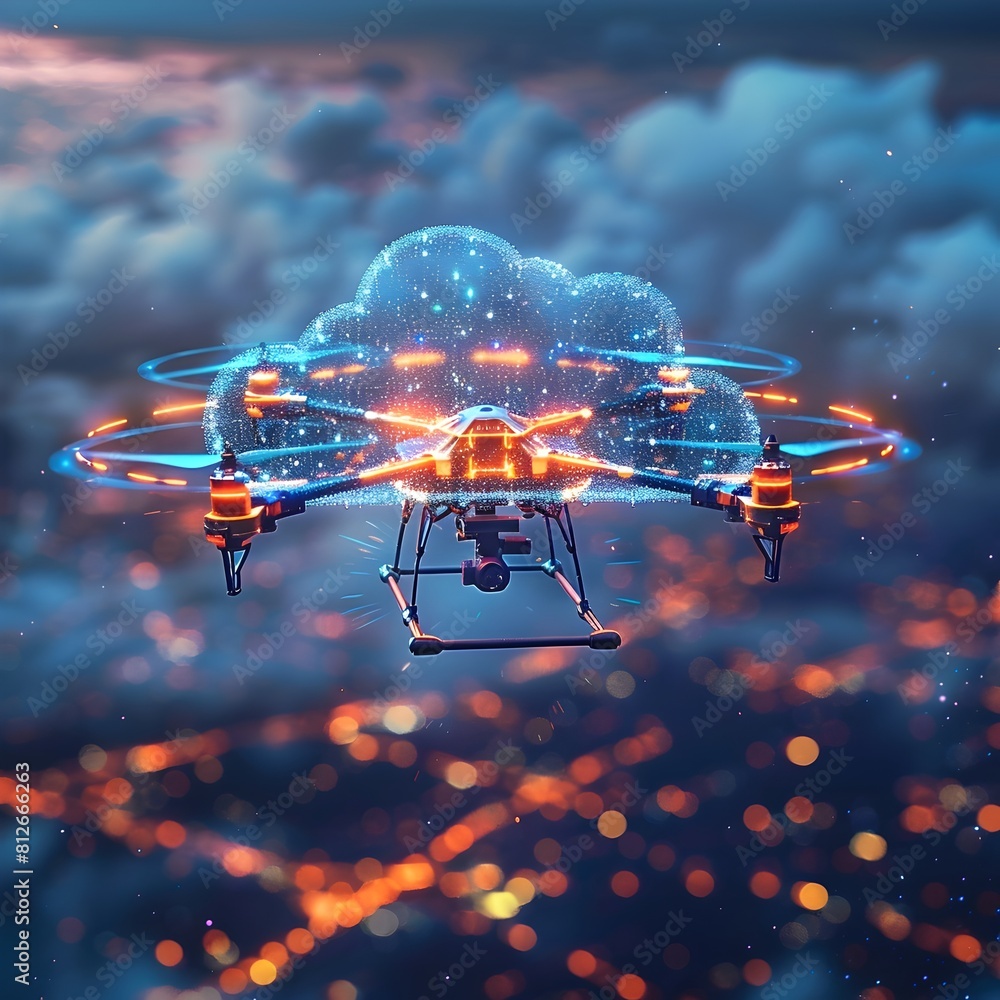Poster aerial drone managed through cloud application showcasing scalability and control for cloud computin