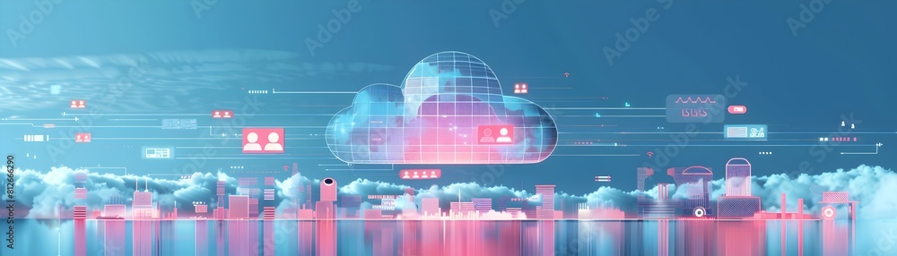 Poster futuristic diagram of cloud computing services and layers on interactive digital display