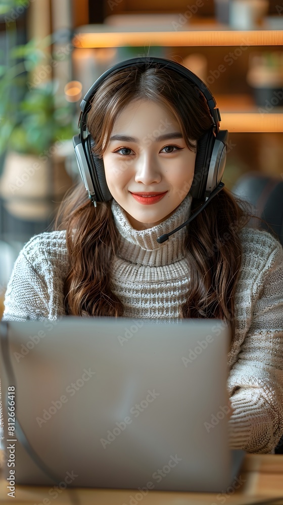 Poster friendly customer service agent assisting client via video call in modern office setting