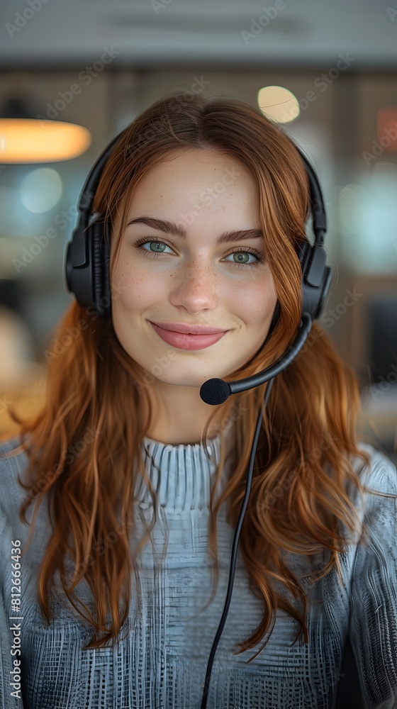 Poster friendly customer service agent assisting client via video call in modern online business setting