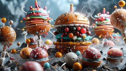 A colorful burger with a bunch of other food items surrounding it