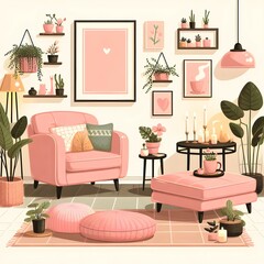 Living room interior furniture and decorative elements - light pink-yellow ottoman and pillows Armchairs and plants in flower pots, tables and lamps, aromatherapy candles and pictures on the wall Cart