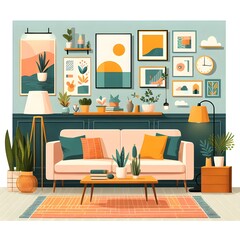 Living room interior furniture and decorative elements - light pink-yellow ottoman and pillows Armchairs and plants in flower pots, tables and lamps, aromatherapy candles and pictures on the wall Cart
