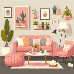 Living room interior furniture and decorative elements - light pink-yellow ottoman and pillows Armchairs and plants in flower pots, tables and lamps, aromatherapy candles and pictures on the wall Cart