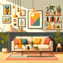 Living room interior furniture and decorative elements - light pink-yellow ottoman and pillows Armchairs and plants in flower pots, tables and lamps, aromatherapy candles and pictures on the wall Cart