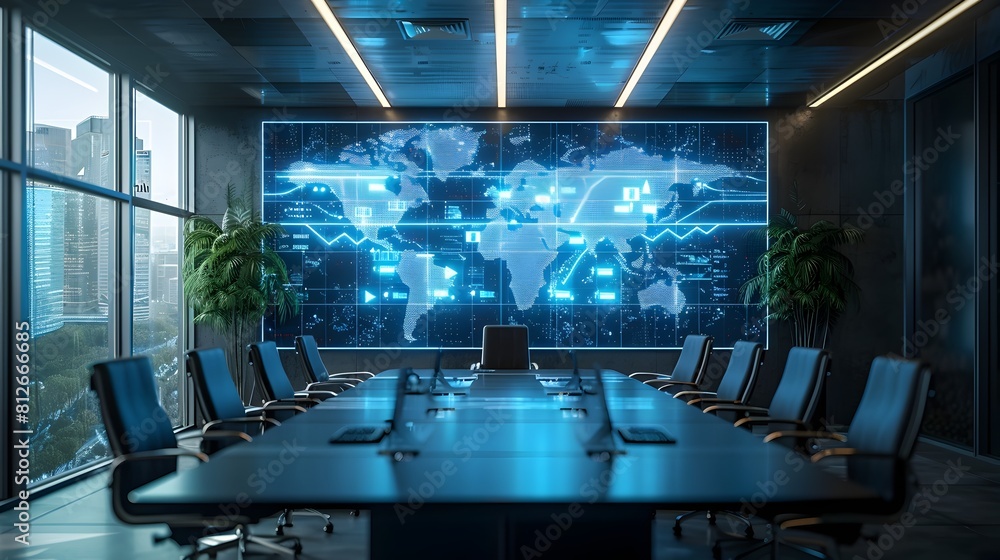 Aufkleber high tech conference room with global digital networking map on large screen for business and strate