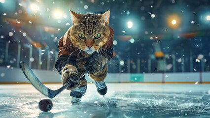 Cat playing ice hockey in an arena under bright lights.