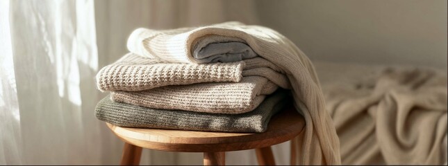 A stack of knitted sweaters piled on top of each other, placed next to soft curtains. The focus is sharp and the colors are muted with neutral tones like beige or grey. folded cashmere sweaters 
