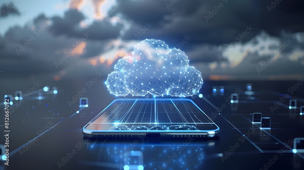 Poster cloud computing concept with digital cloud and connected devices network symbolizing technology inno