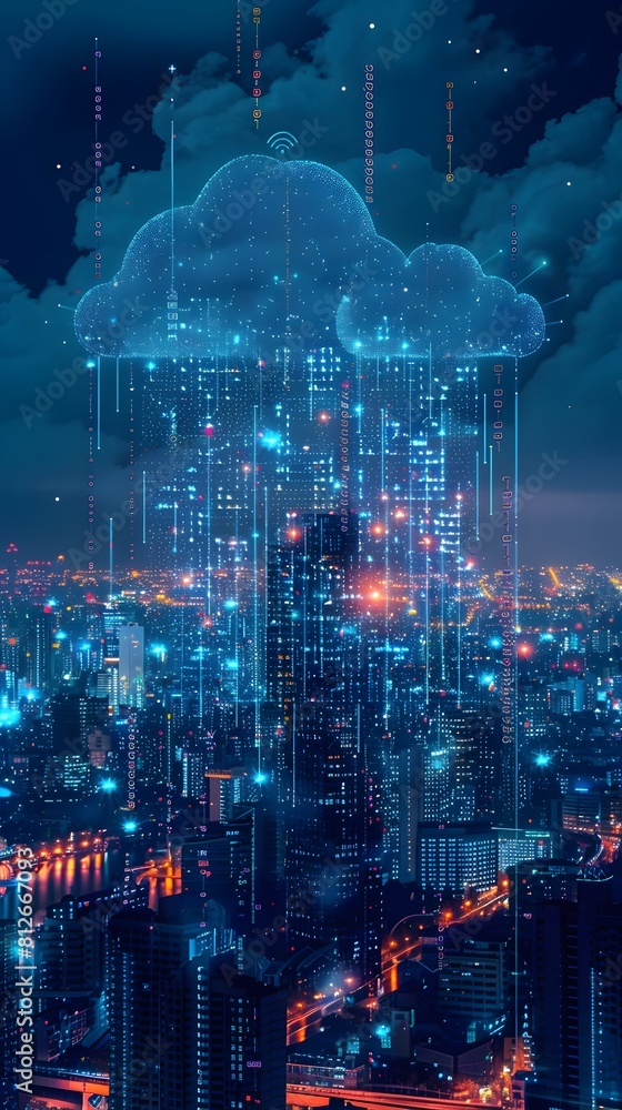 Poster futuristic cityscape with cascading data streams flowing into virtual cloud visualizing digital tran