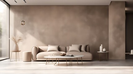 Light beige living room - modern interior hall and furniture design. Mockup for art - ivory taupe empty texture plaster microcement wall. Luxury premium nude accent lounge reception. 3d render	