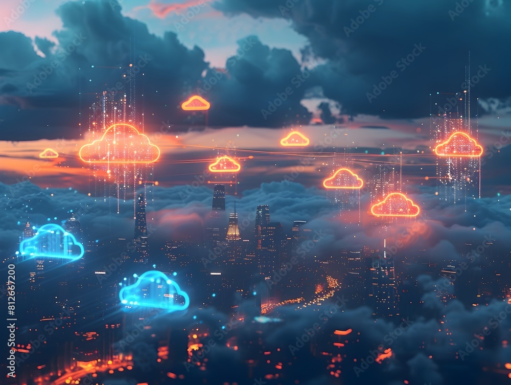 Poster cloud computing concept with glowing city skyline and connected digital icons representing widesprea
