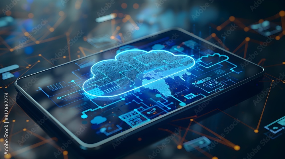 Poster overhead view of modern cloud computing architectural layout on a digital tablet device