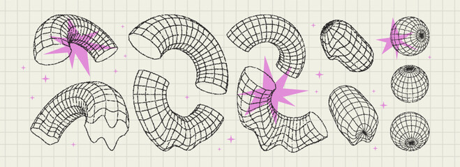 Abstract Geometric 3D shapes.Wireframe elements in trendy futuristic style with a grainy stippling effect. Brutal form - torus and sphere. Vector modern dots illustration. Brutalism Y2K graphic.