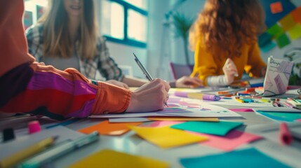 A group of young professionals brainstorm ideas in a creative workspace.