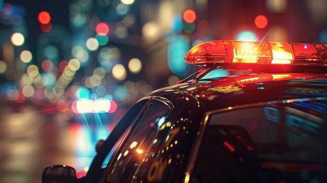 Police car with siren and lights flasher ready for duty, City lights on the background.