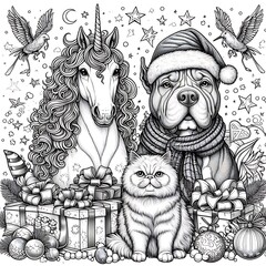 Many animals include dogs, cats, unicorns with gifts and birds art art lively has illustrative meaning illustrator.
