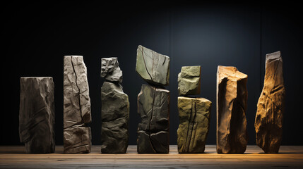 A Row of Smooth, Wooden Sculptures Displayed Against a Black Backdrop