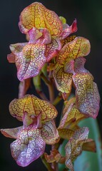 Detailed view of a cluster of yellow orchids with red veins, highlighting the patterned petals