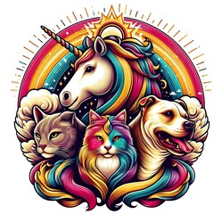 Many animals include dogs, cats, unicorns with rainbow hair image art realistic photo lively illustrator.
