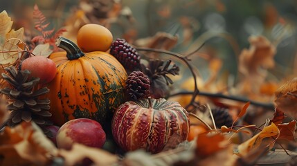 Bright background with beautiful thanksgiving decorating. Pumpkins with fruits, flowers, vegetables and leaves.