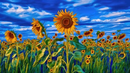 Vector Sunflowers Meadow in Oil Painting Flowers with blue sky with clouds