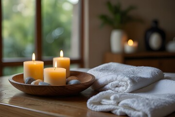 spa setting with candles and towel