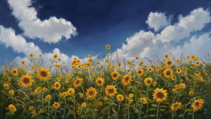 Obraz premium Vector Sunflowers Meadow in Oil Painting Flowers with blue sky with clouds