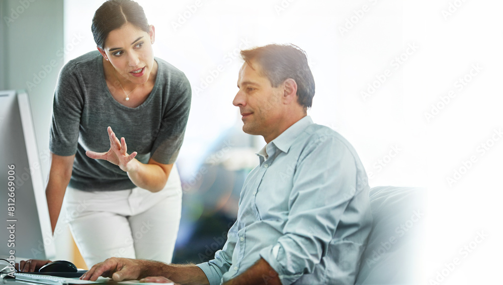 Poster Computer, explain or training with employee and mentor in office together for discussion. Business, coaching and question with manager talking to person in workplace for learning or support of team