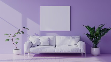 Purple color wall with sofa, frame on the wall