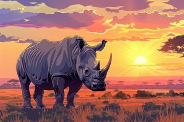 Fototapeta premium Majestic rhino in a field at sunset, suitable for wildlife or nature themes
