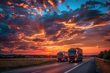 Two semi trucks driving down a highway at sunset. Perfect for transportation industry promotions